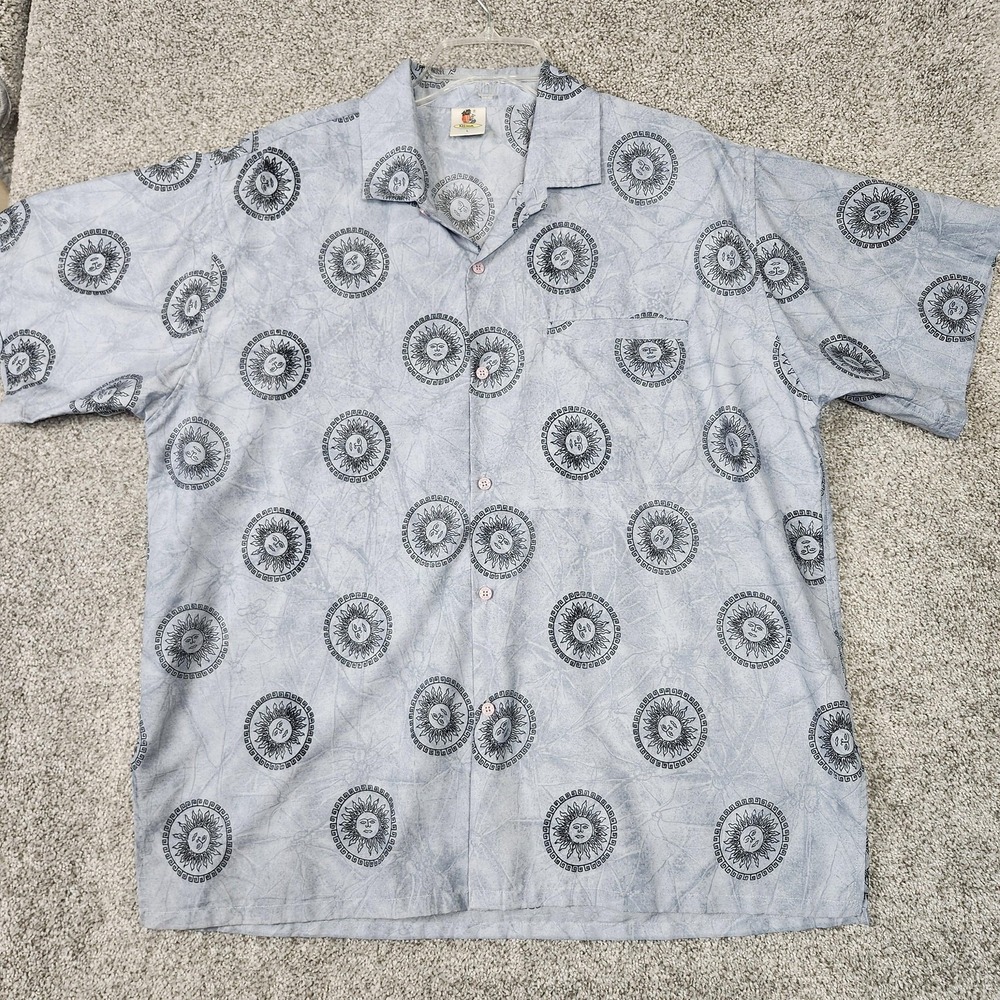 Rima Beachworld Shirt Mens Large Gray Sun Print Hawaiian Button Up Casual